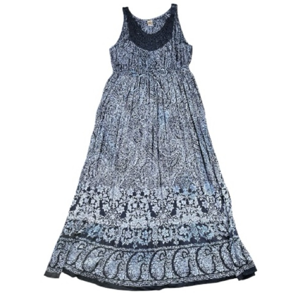 Bila Bohemian Paisley Crochet Sleeveless Navy Blue Maxi Summer Dress Size L - Picture 2 of 13